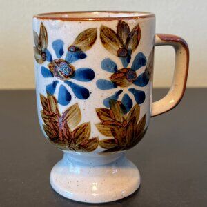 Vintage Otagiri Japan Hand Painted Brown & Blue Floral  Pedestal Stoneware Cup